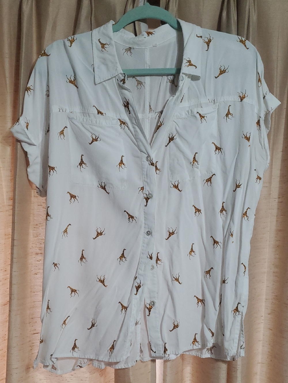 White Button-Up Top with Giraffe Print